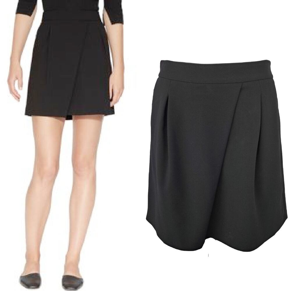 Halston Black Pleated Faux Wrap Mini Skirt Size 8